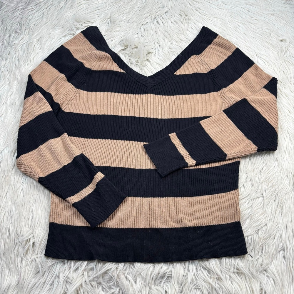 Chaser Women's M Black Tan Ribbed Wide Stripe Double V-Neck Sweater Preppy